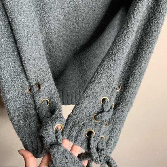 Saks fifth avenue popcorn knit wool blend turtleneck sweater tie cuffs gray - Picture 3 of 9